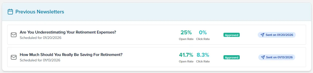 Review past sends and track performance, including open rate, click rate, and sent date