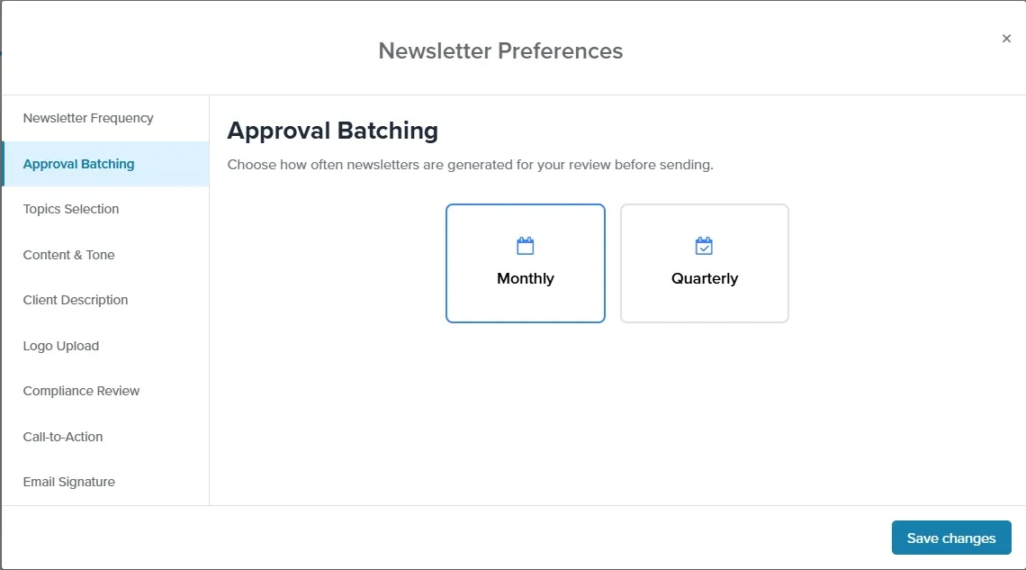 Newsletter Preferences on the Approval Batching tab with Monthly and Quarterly options