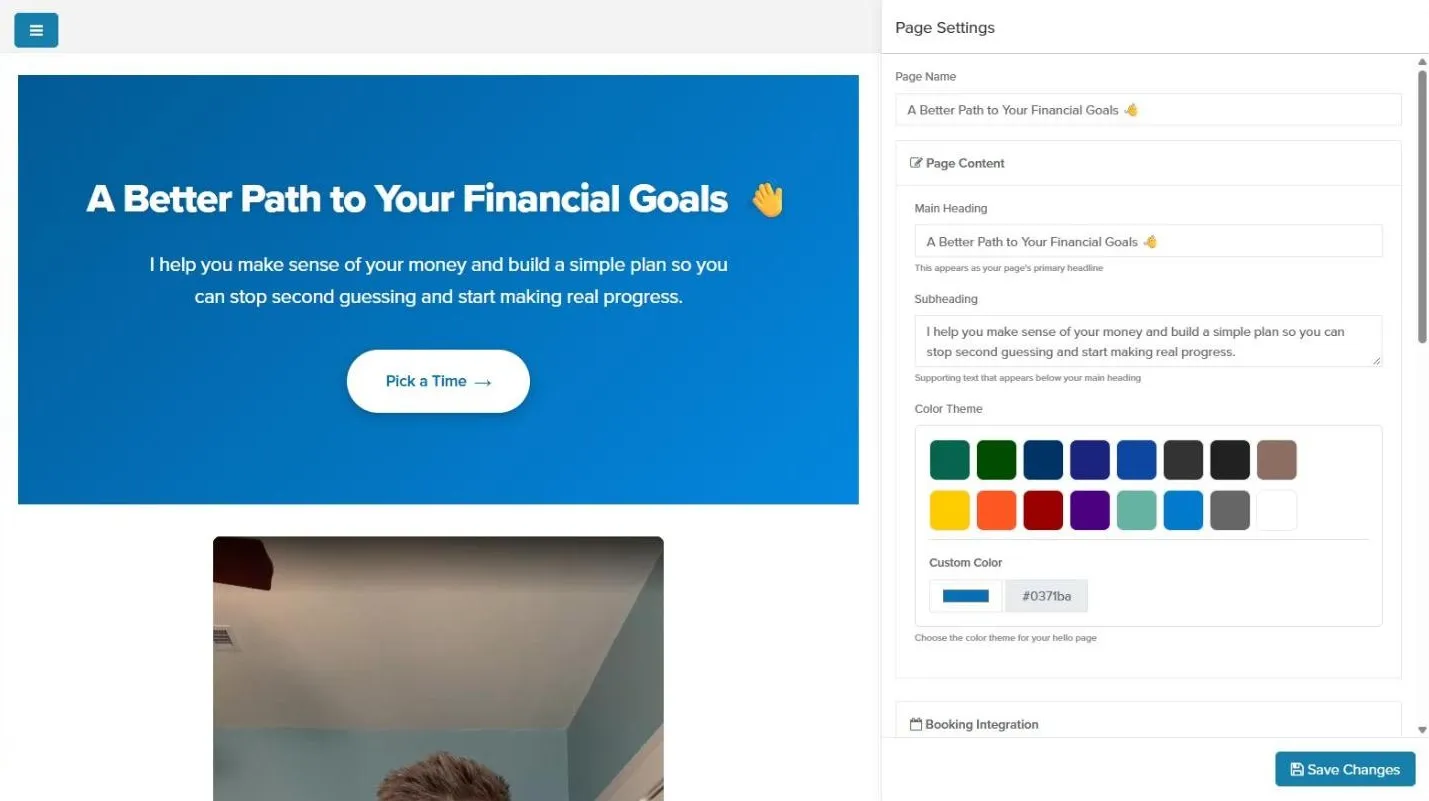 The Hello Pages editor with live preview and Page Settings