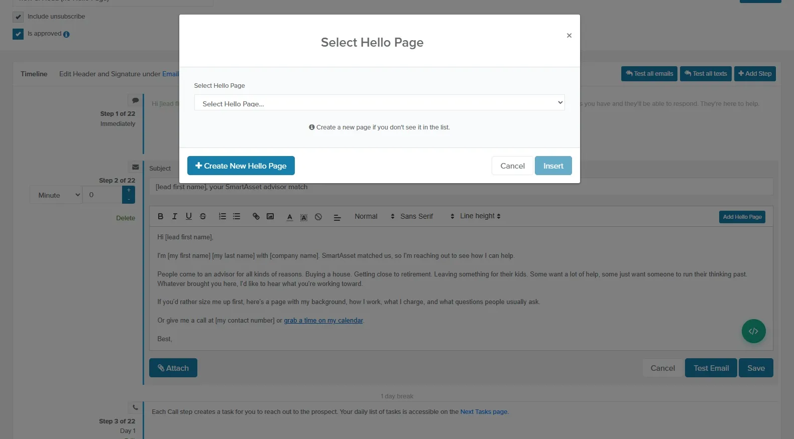 The Select Hello Page window opened from Add Hello Page in a campaign email step