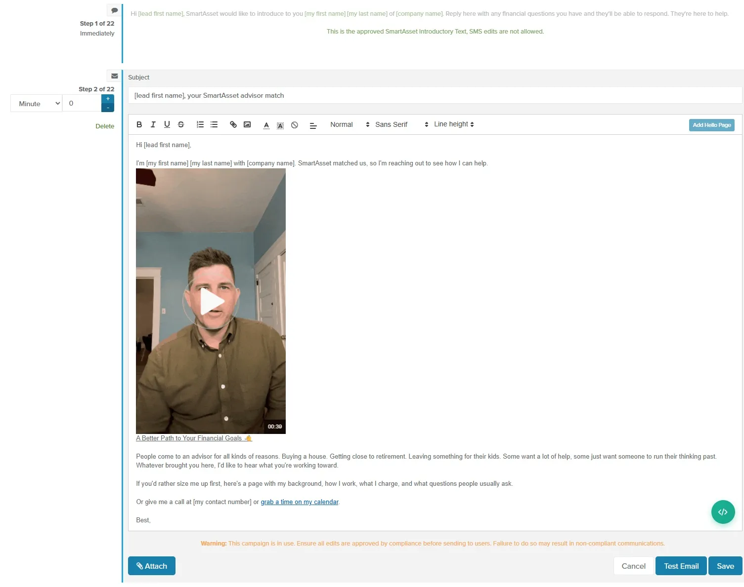 Campaign email step with a Hello Page video preview in the message and the Add Hello Page button