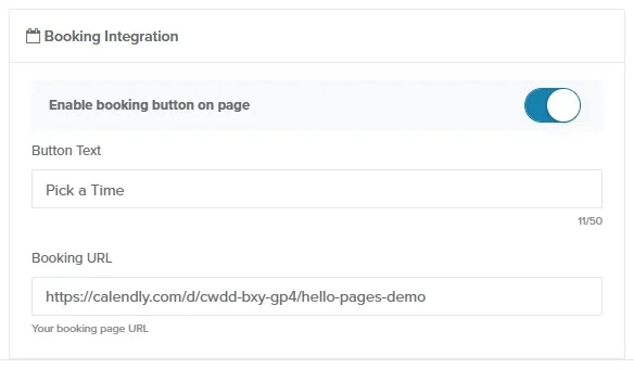 Hello Page editor Booking Integration panel with button text and booking URL