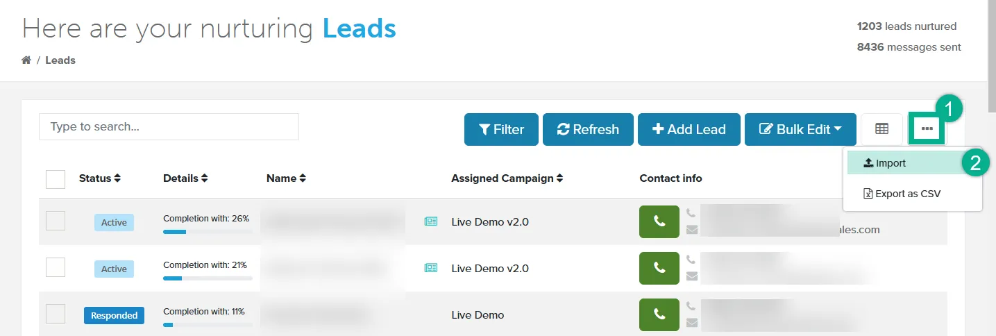 Leads page with the three-dot menu open showing Import and Export as CSV