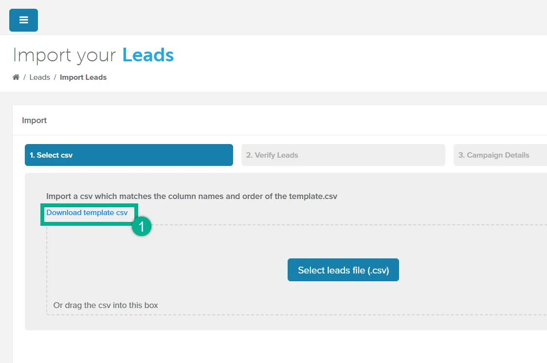Select csv step with the Download template csv link highlighted