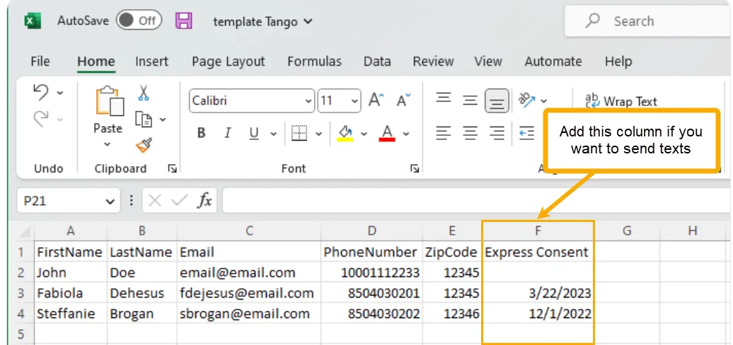 Lead template in Excel with an Express Consent column added after ZipCode