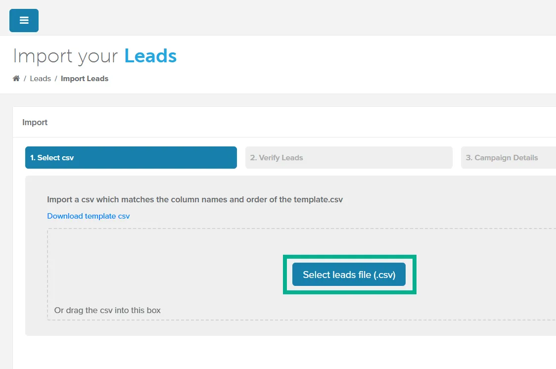 Select csv step with the Select leads file button highlighted