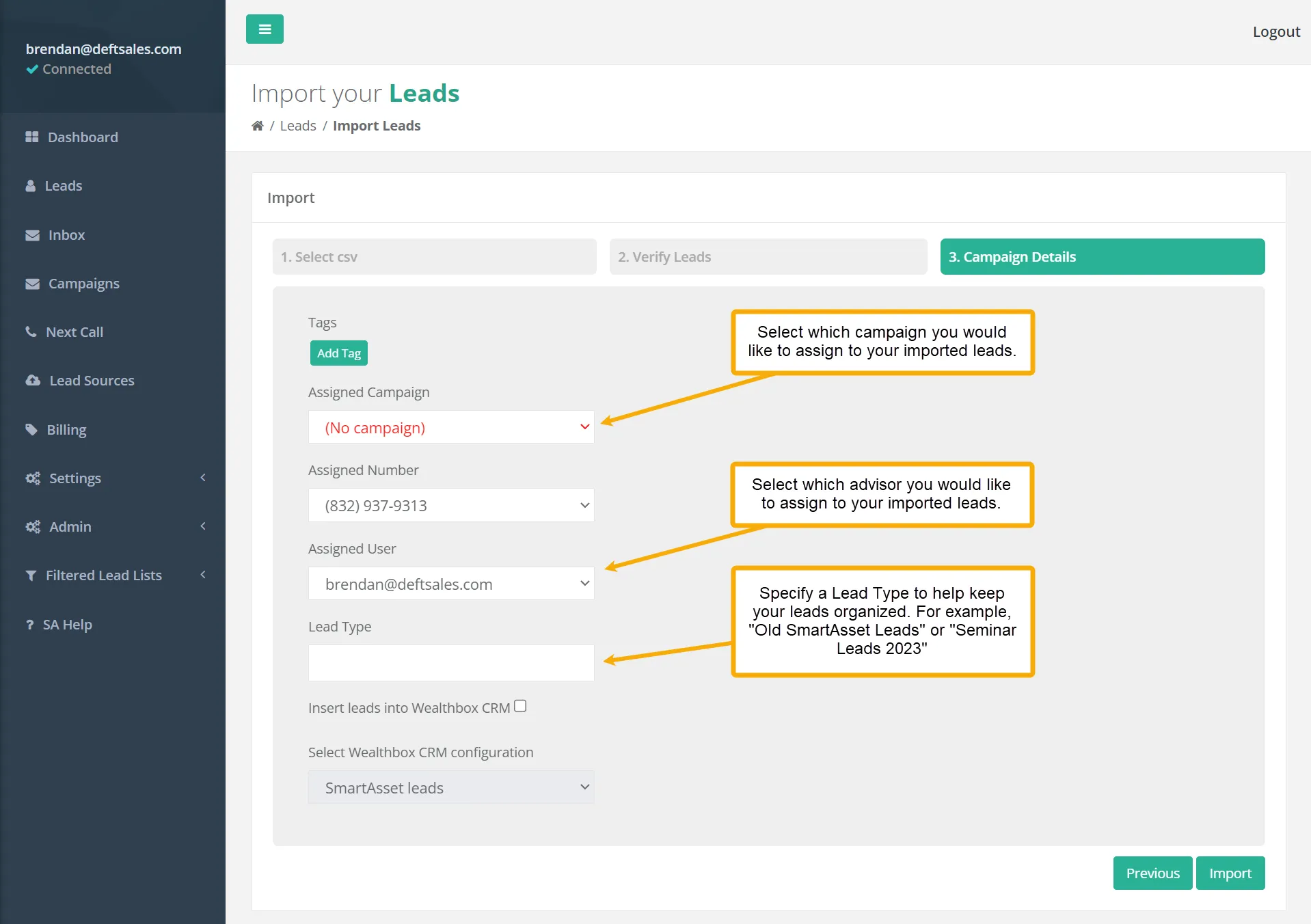 Campaign Details step with tag, campaign, number, user, and lead type fields