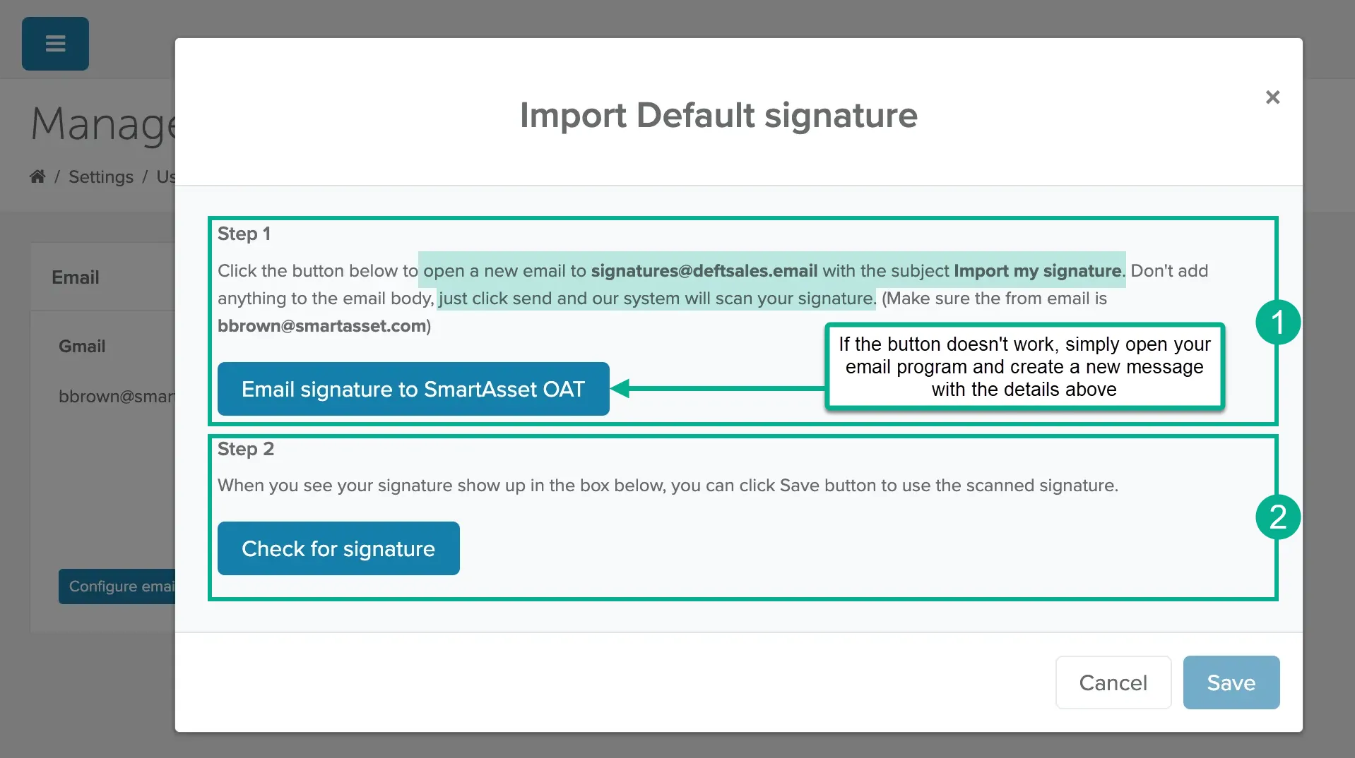 Import Default signature window with the email address, subject, and Check for signature button