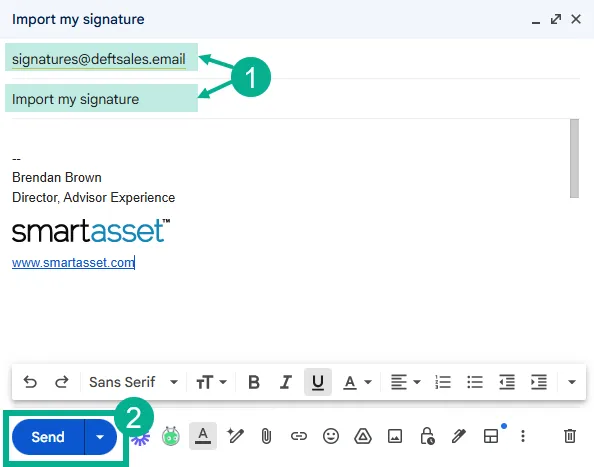 New email addressed to signatures@deftsales.email with the subject Import my signature