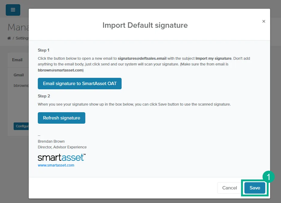 Import Default signature window showing the imported signature and the Save button