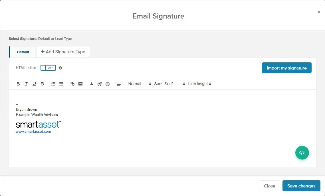 Email Signature window with the imported signature and the Save changes button