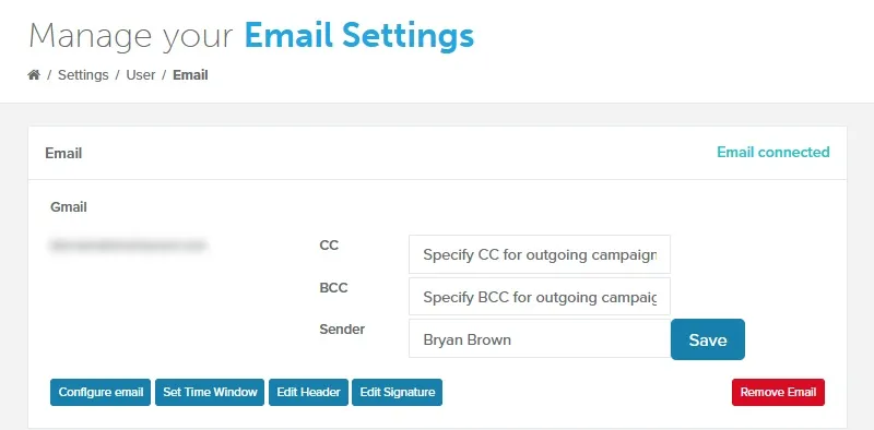 Email Settings page with the CC, BCC, and Sender fields and a Save button
