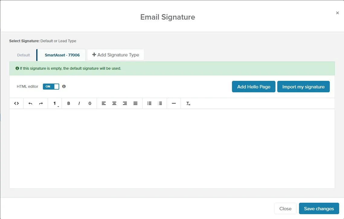 Email Signature window with Add Signature Type and a lead type tab