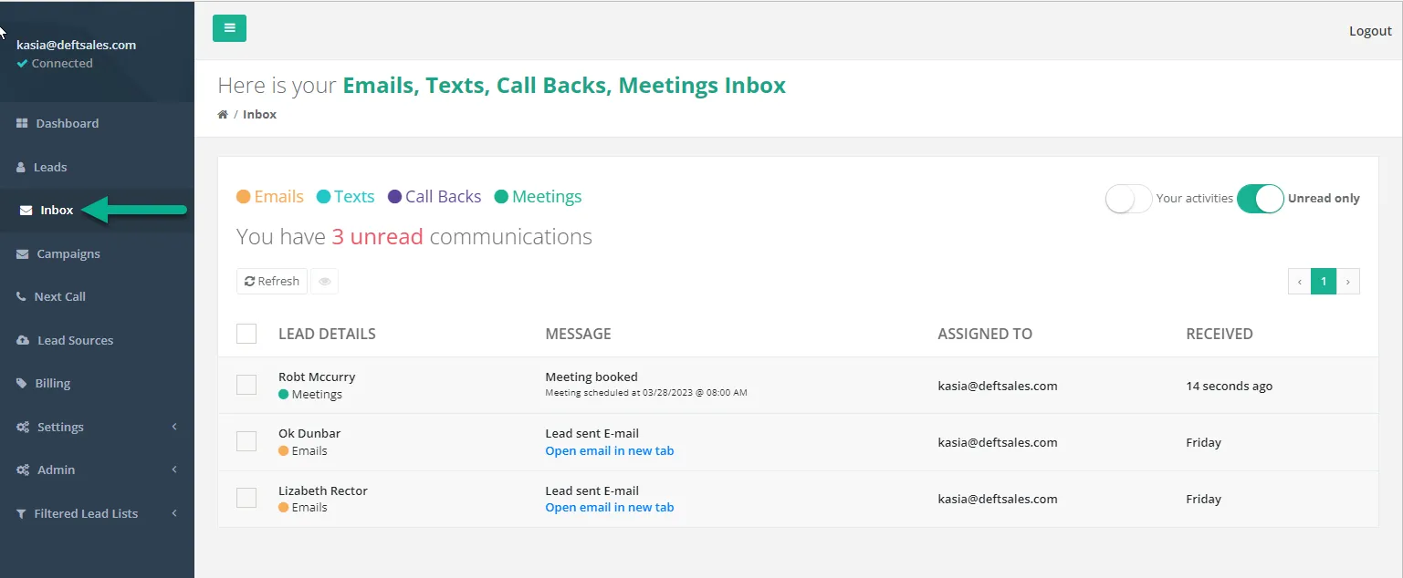 Inbox page with Emails, Texts, Call Backs, and Meetings filters above the list