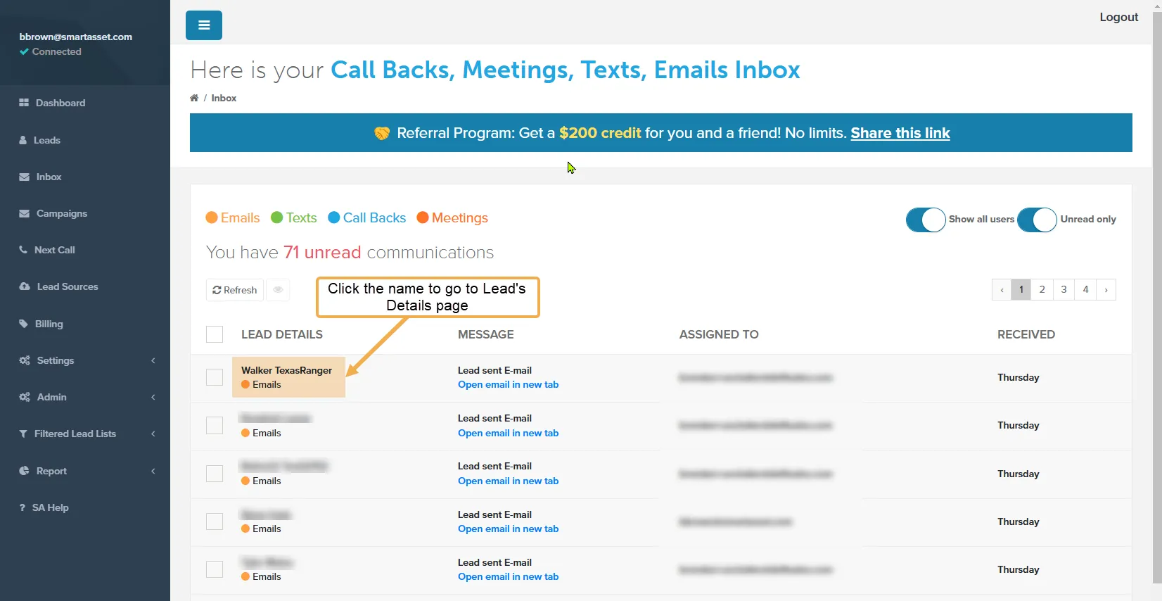 Inbox list with a callout on a lead's name in the Lead Details column