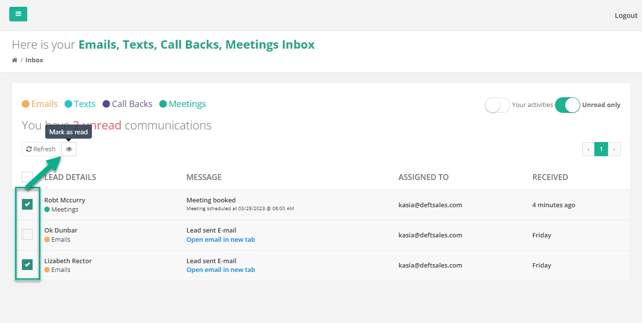 Two inbox items selected with the Mark as read eye button highlighted