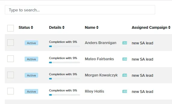 Leads page search box above the lead table with Status, Details, Name and Assigned Campaign columns