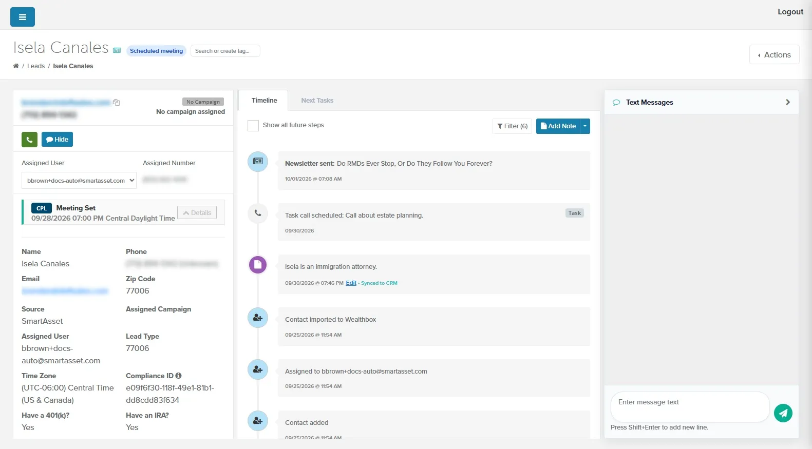 Lead page with a tag beside the name, the Assigned User list, and a note synced to the CRM
