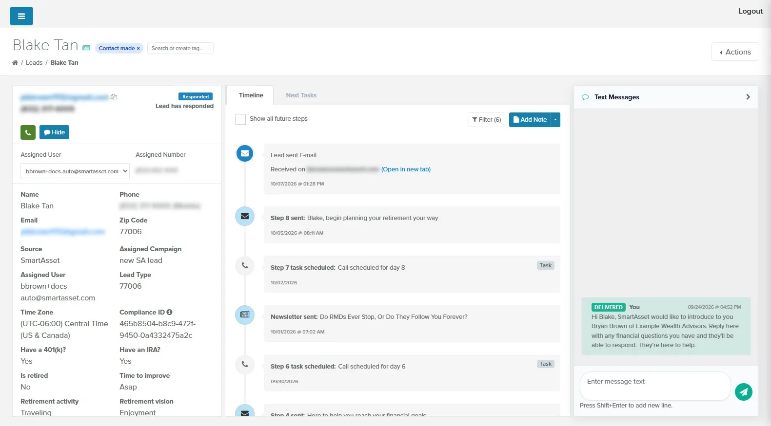Lead page showing contact details, the timeline, and a text conversation