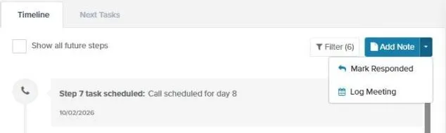 Menu next to Add Note open, showing Mark Responded and Log Meeting