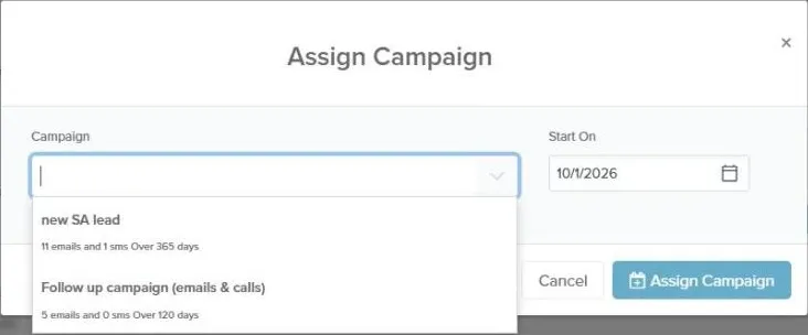 Assign Campaign window with the Campaign list open and a Start On date