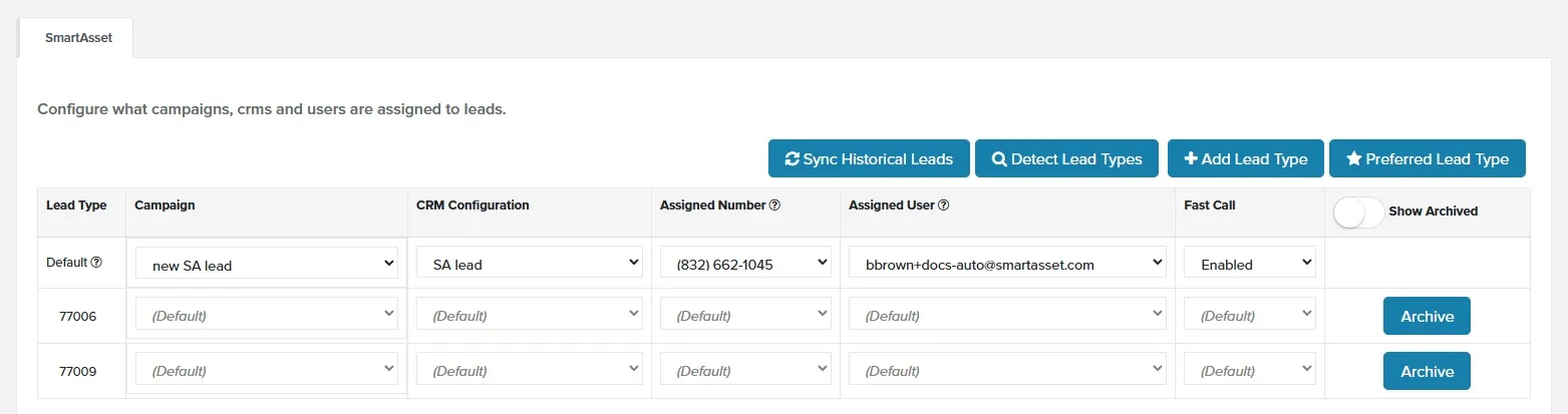 Lead Sources page with the Default row and zip code lead type rows