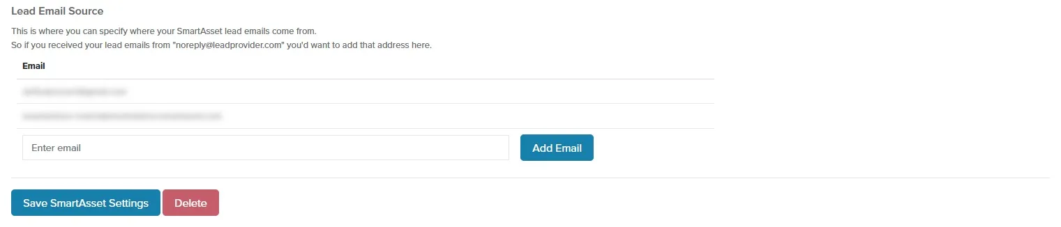 Lead Email Source table above the Save SmartAsset Settings and Delete buttons