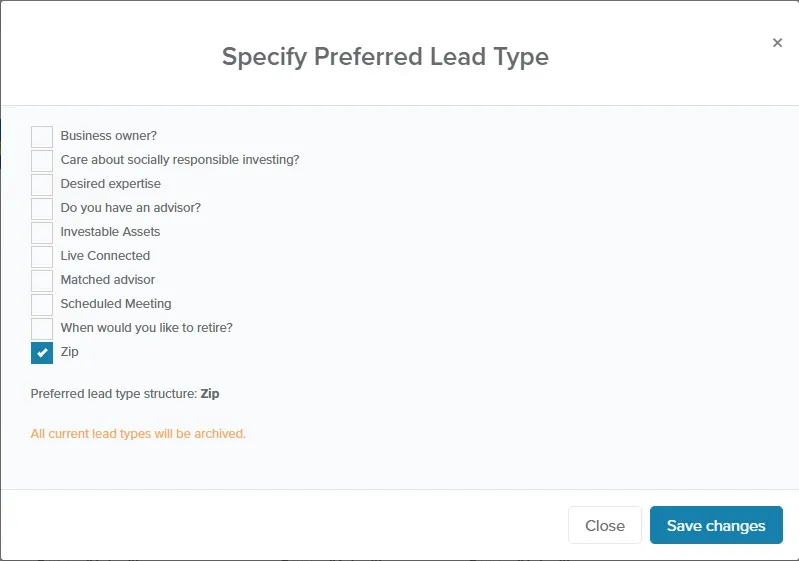 Specify Preferred Lead Type window with Zip checked and the archive warning