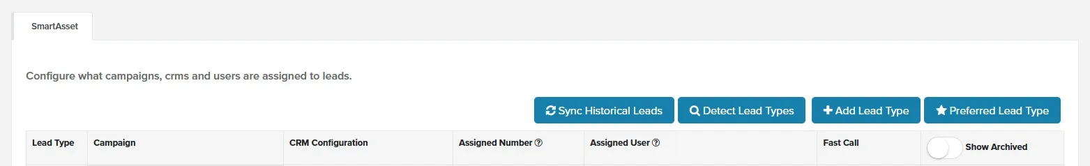 Lead Sources page with the Detect Lead Types button above the lead source table