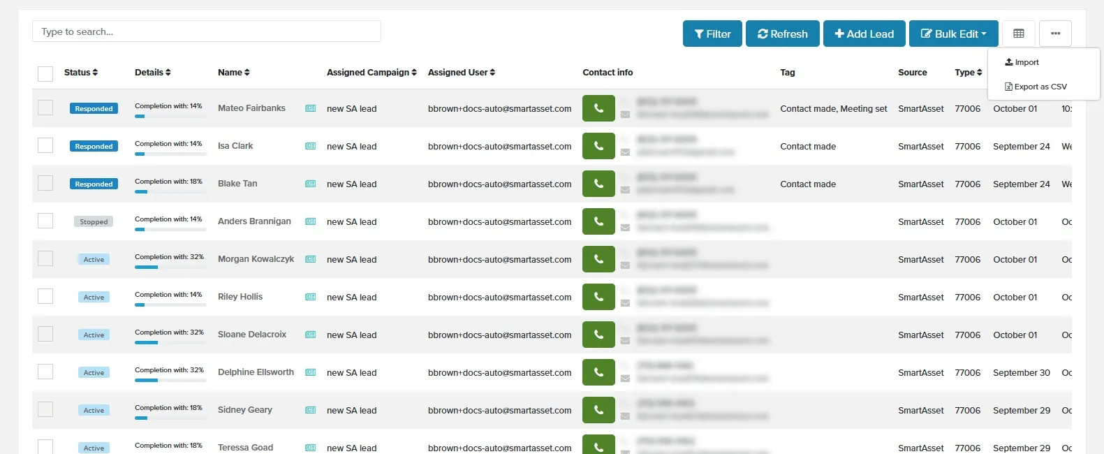 Leads page toolbar with the more-options menu open, showing Import and Export as CSV