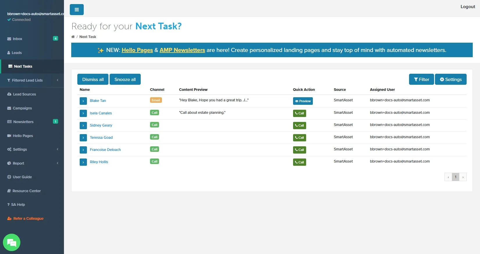 Side menu with Next Tasks selected beside the task list