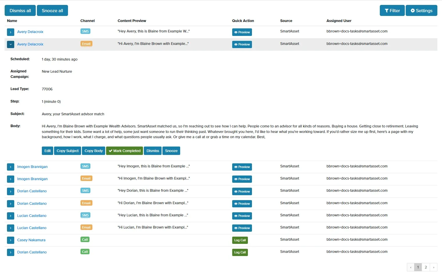 Next Tasks table with Dismiss all, Snooze all, Filter and Settings buttons