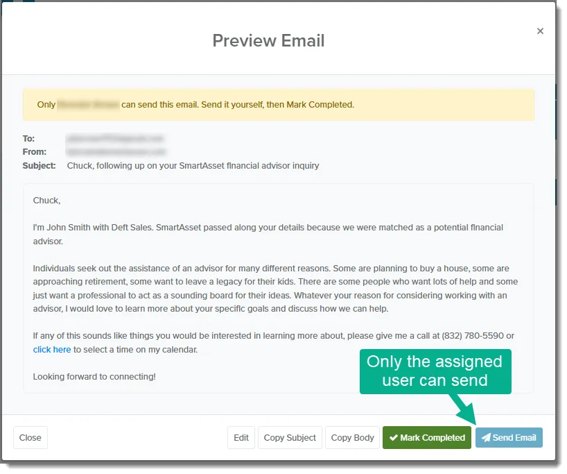 Preview Email window with Send Email disabled for a user who isn't the assigned user