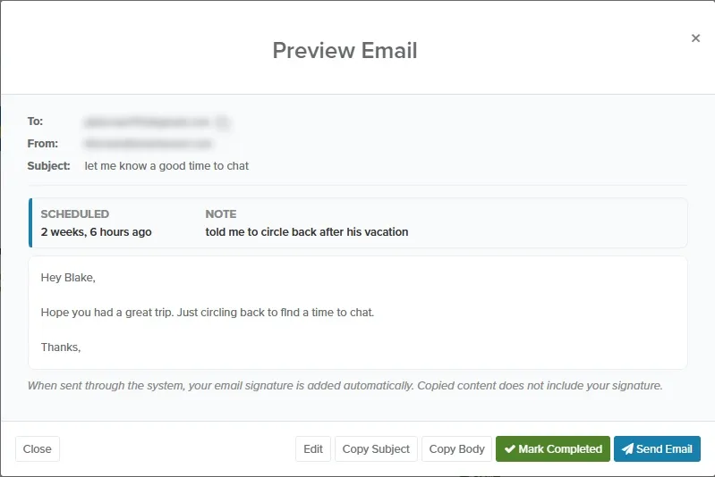 Preview Email window with Edit, Copy Subject, Copy Body, Mark Completed and Send Email buttons