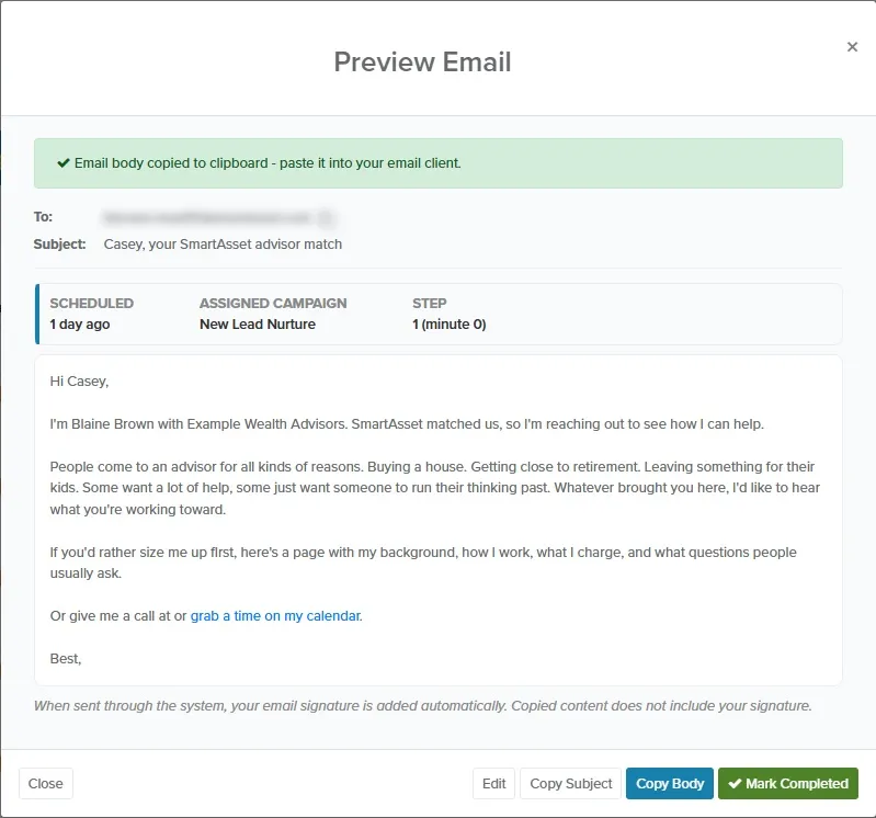 Preview Email window confirming the email body was copied to the clipboard