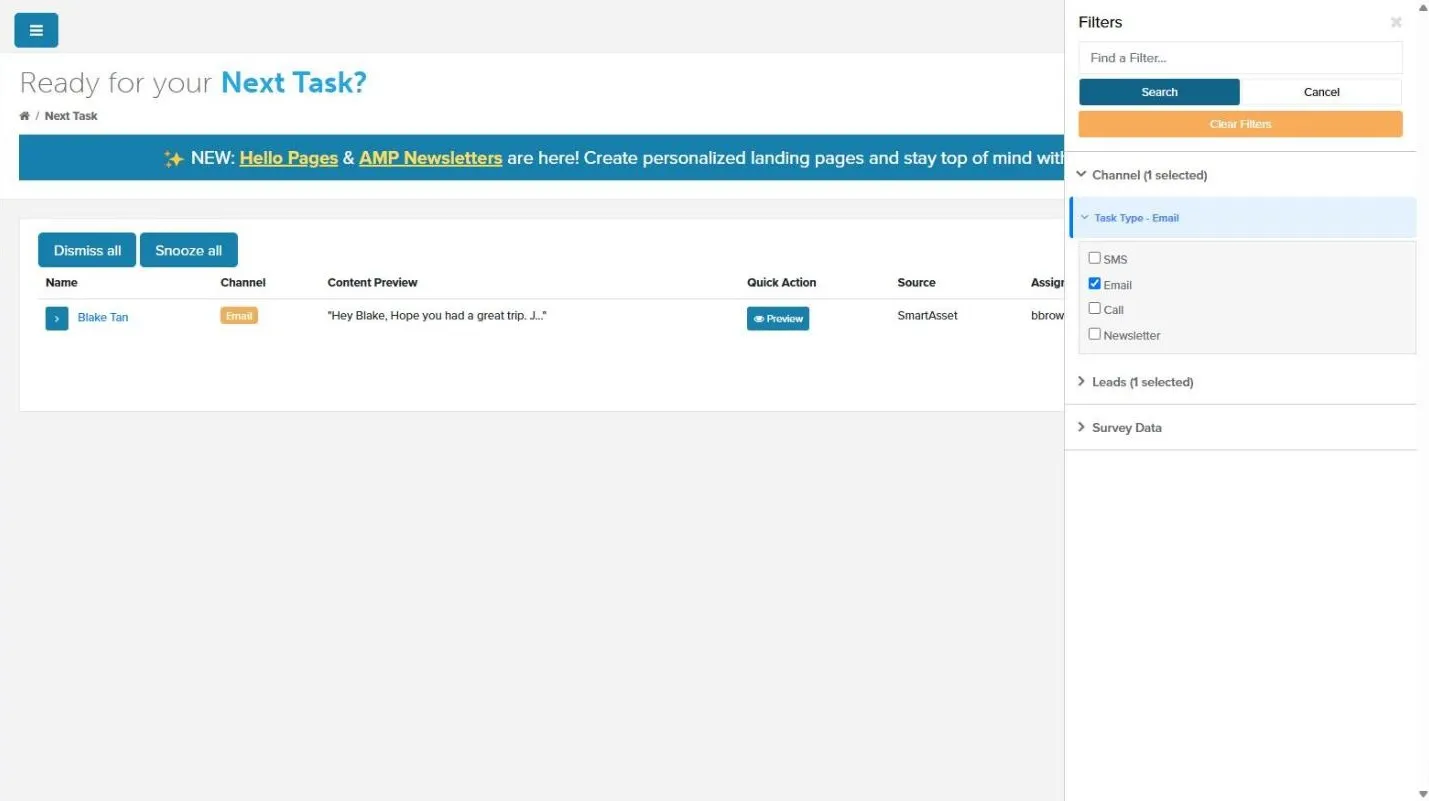 Filters panel open beside the task list with Task Type set to Email
