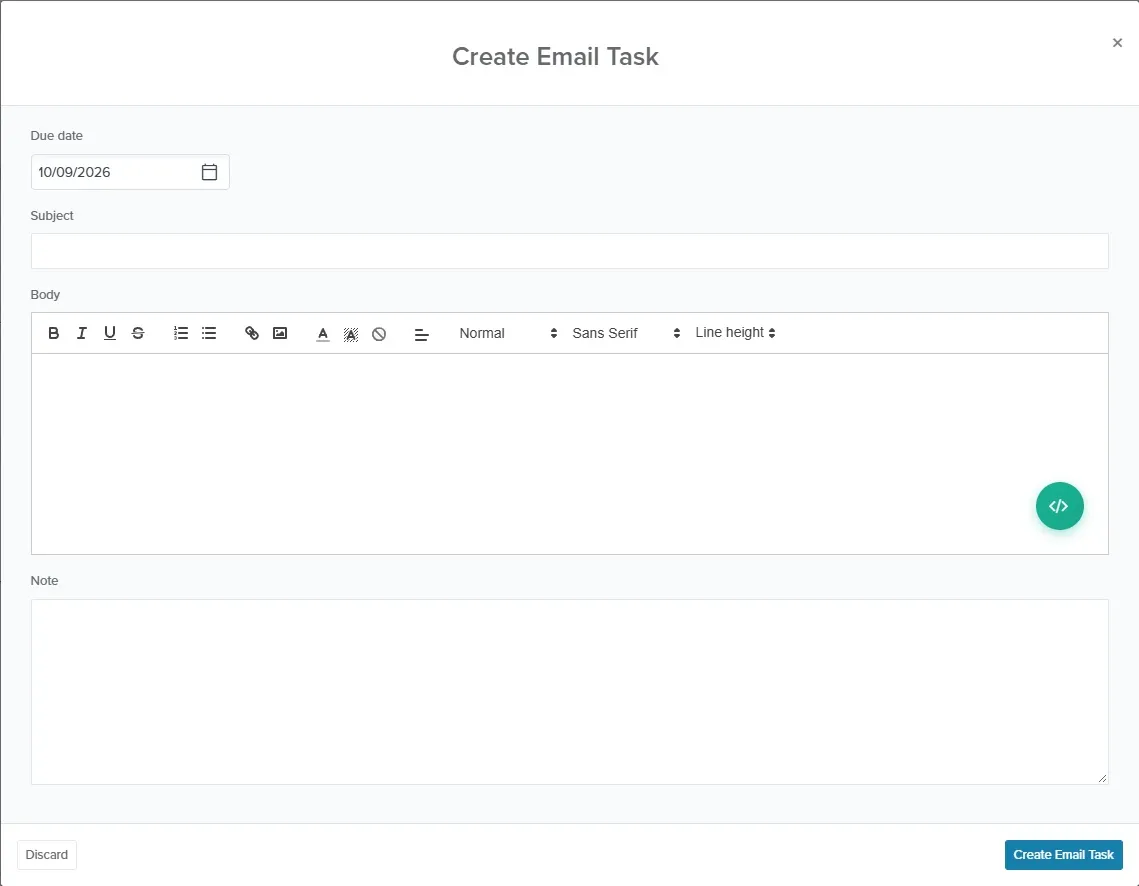 Create Email Task window with Due date, Subject, Body and Note fields