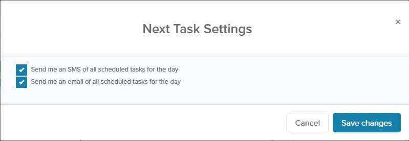 Next Task Settings window with the daily SMS and email summary checkboxes