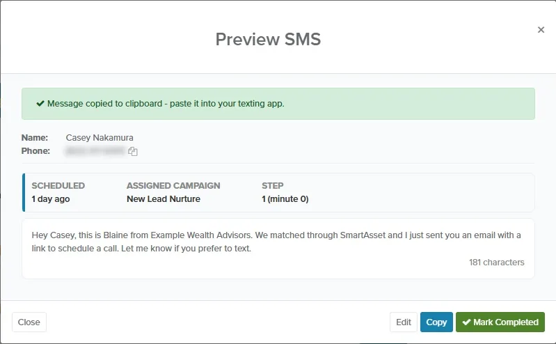 Preview SMS window confirming the text message was copied to the clipboard
