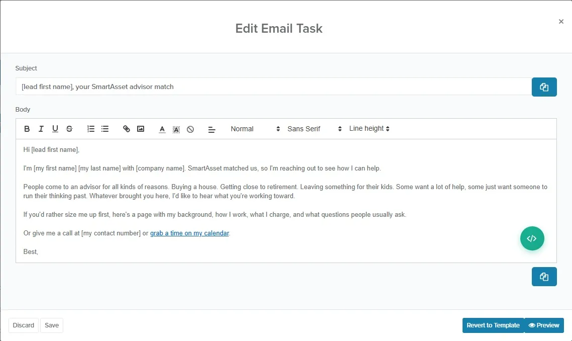 Edit Email Task window with Revert to Template and Save buttons