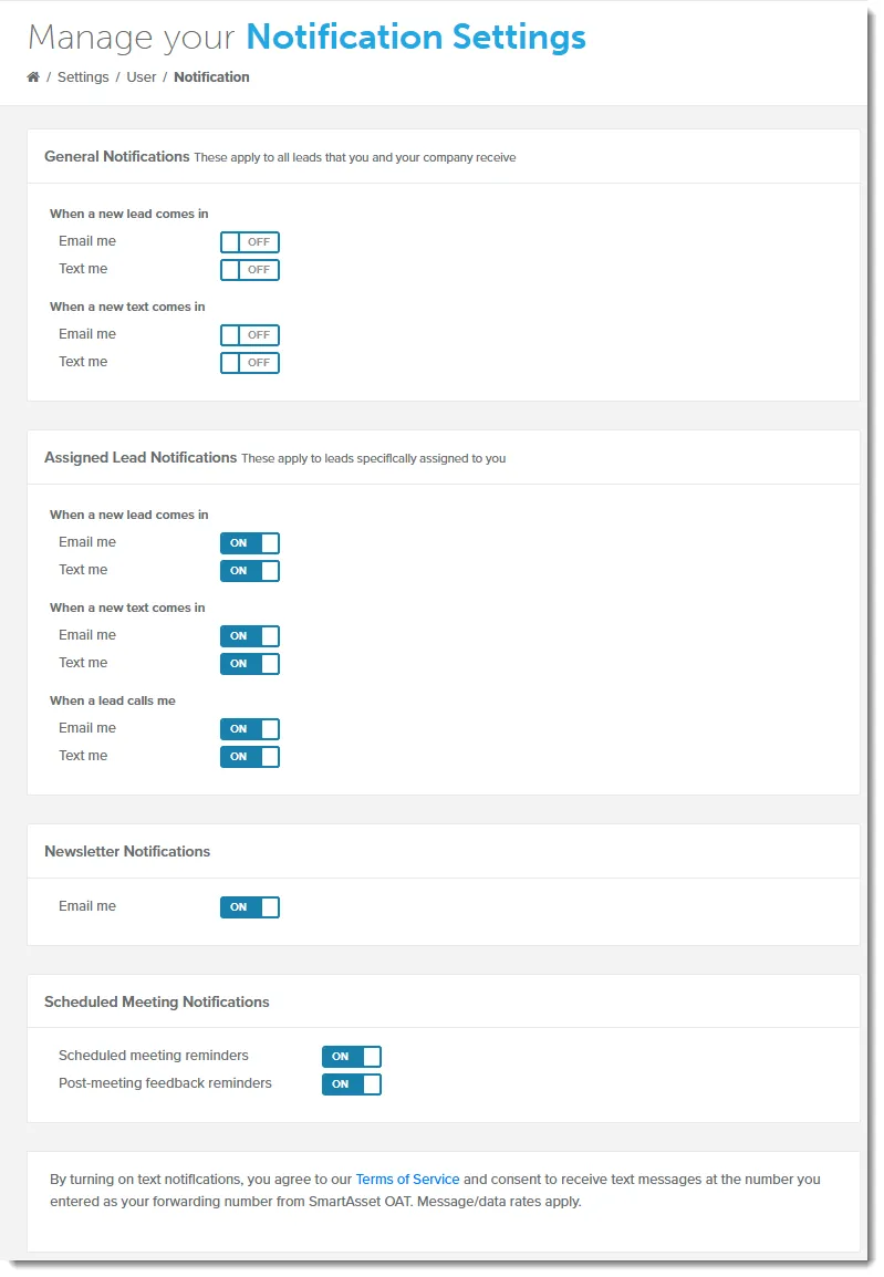 Notification Settings page with Email me and Text me switches for each notification type