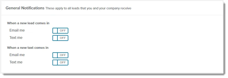 General Notifications section with switches for new leads and new texts