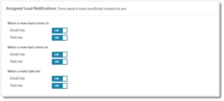 Assigned Lead Notifications section with switches for new leads, new texts, and calls