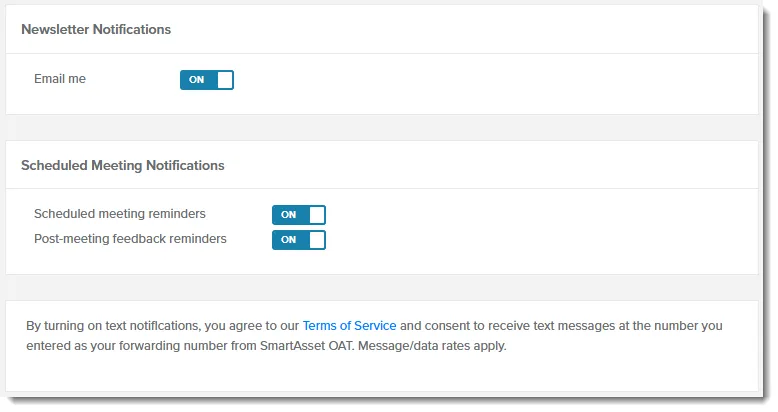Newsletter and Scheduled Meeting Notifications sections with their switches