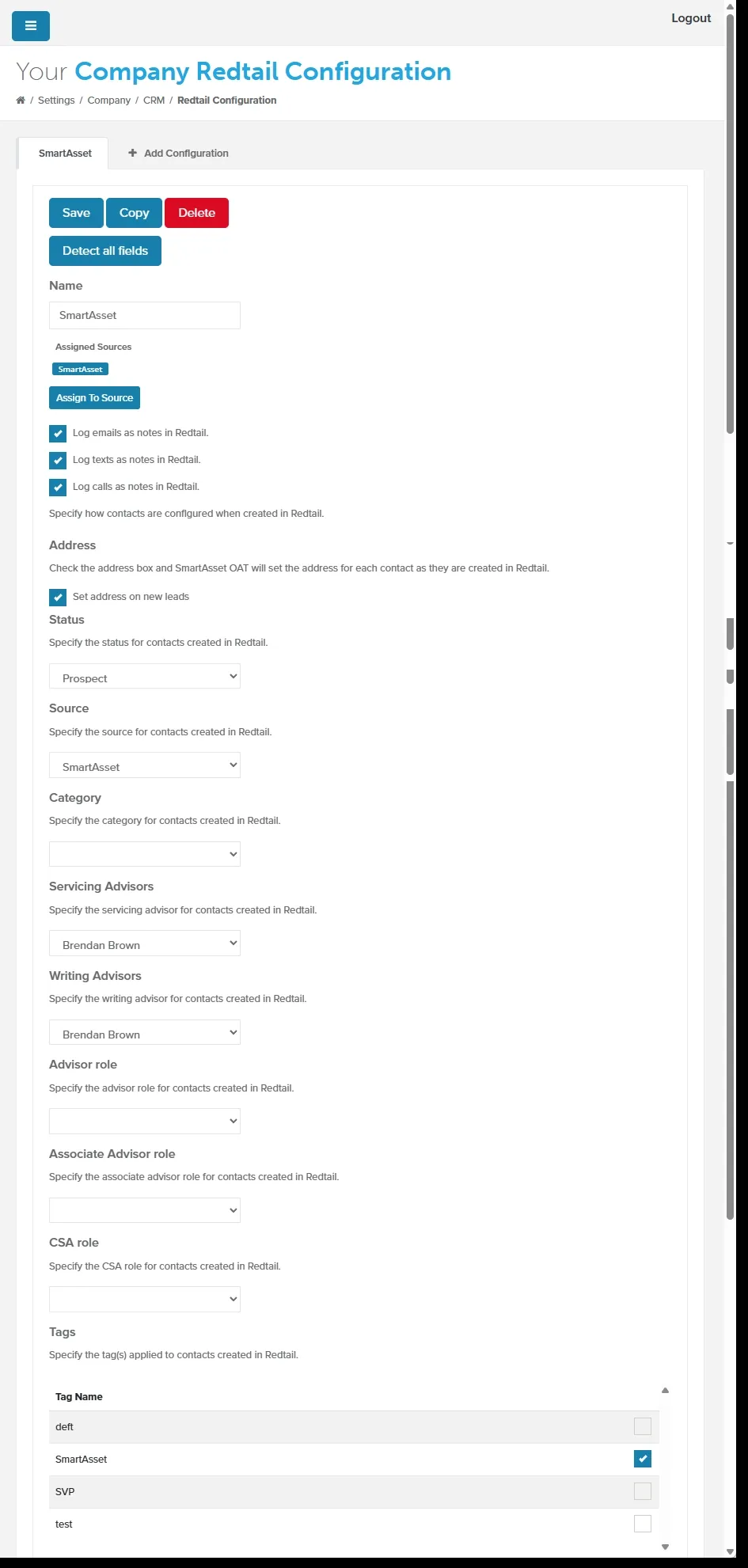 Company Redtail Configuration page with the Name, logging checkboxes, contact fields, advisor fields, and tags