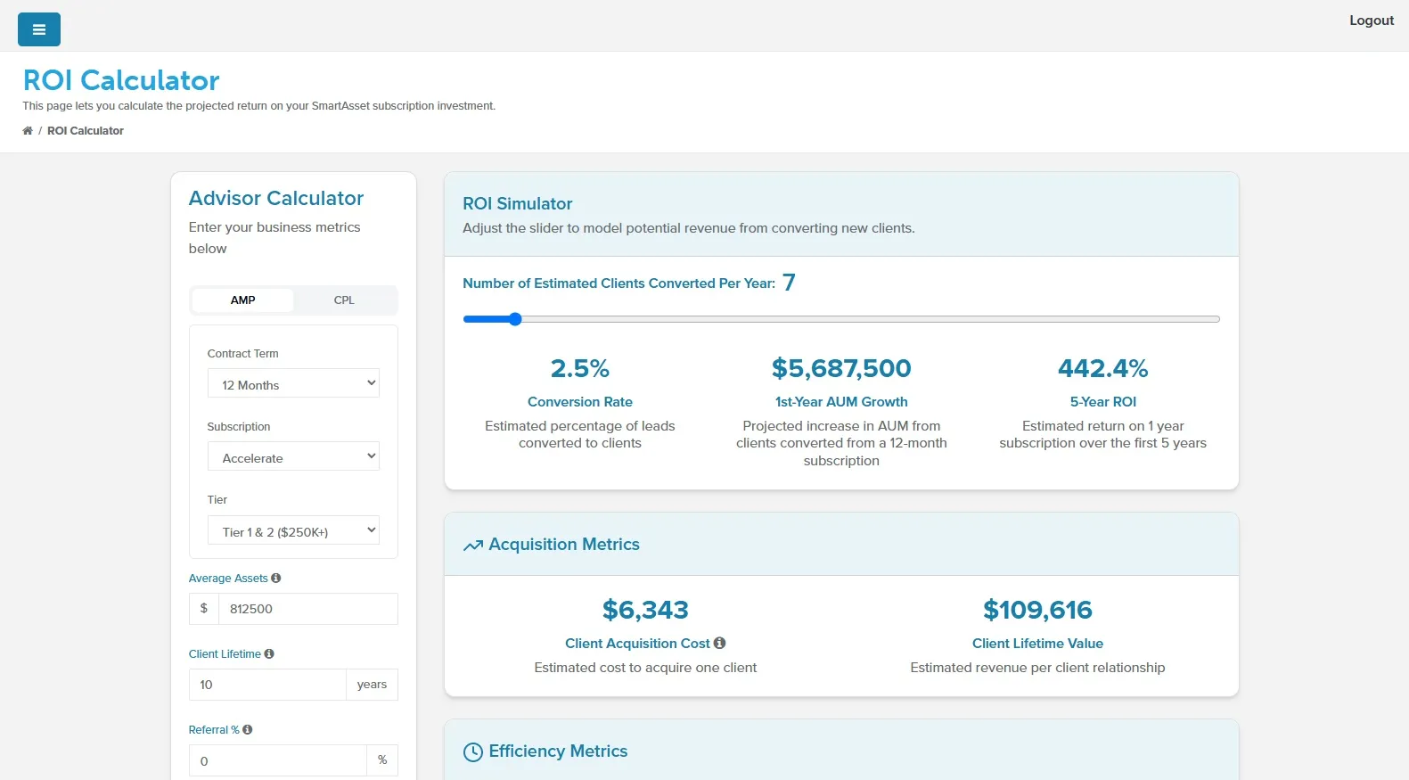 ROI Calculator page with the Advisor Calculator panel beside the results