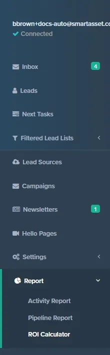 Side menu with ROI Calculator selected under Report
