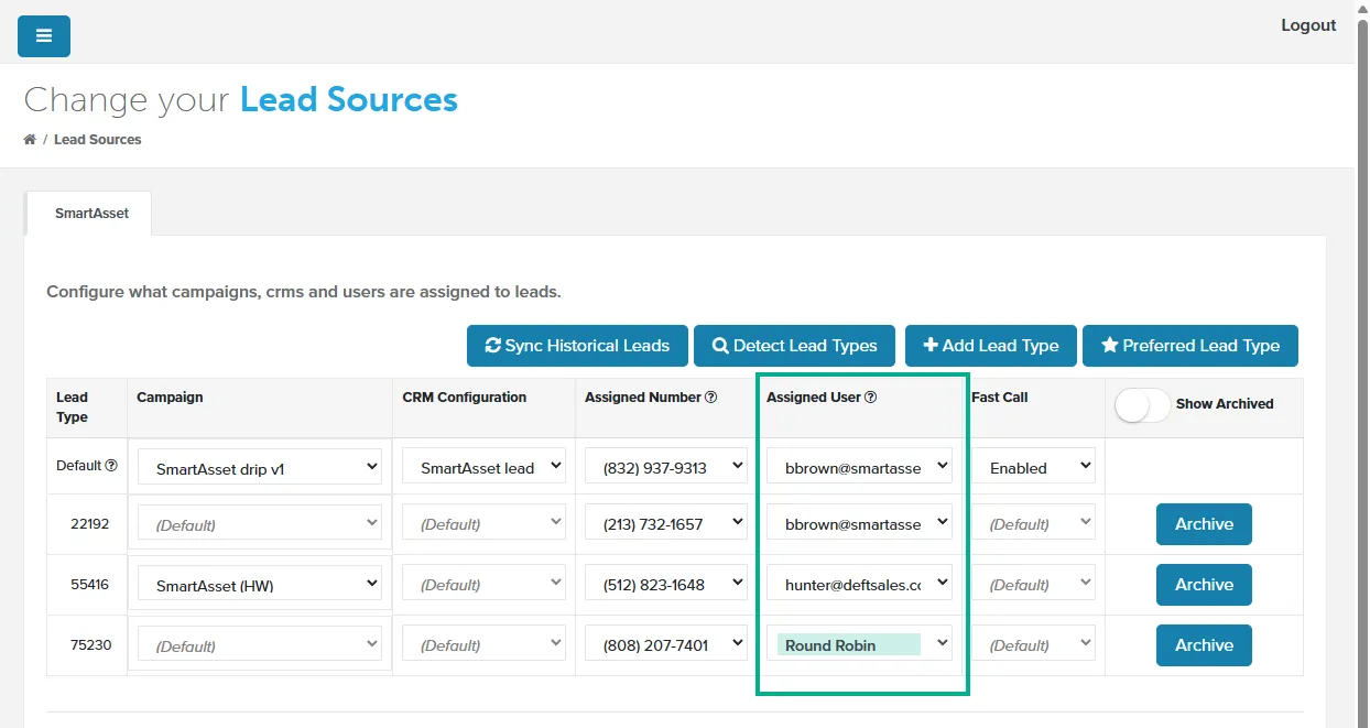 Lead Sources page with Round Robin selected as the Assigned User for one lead type