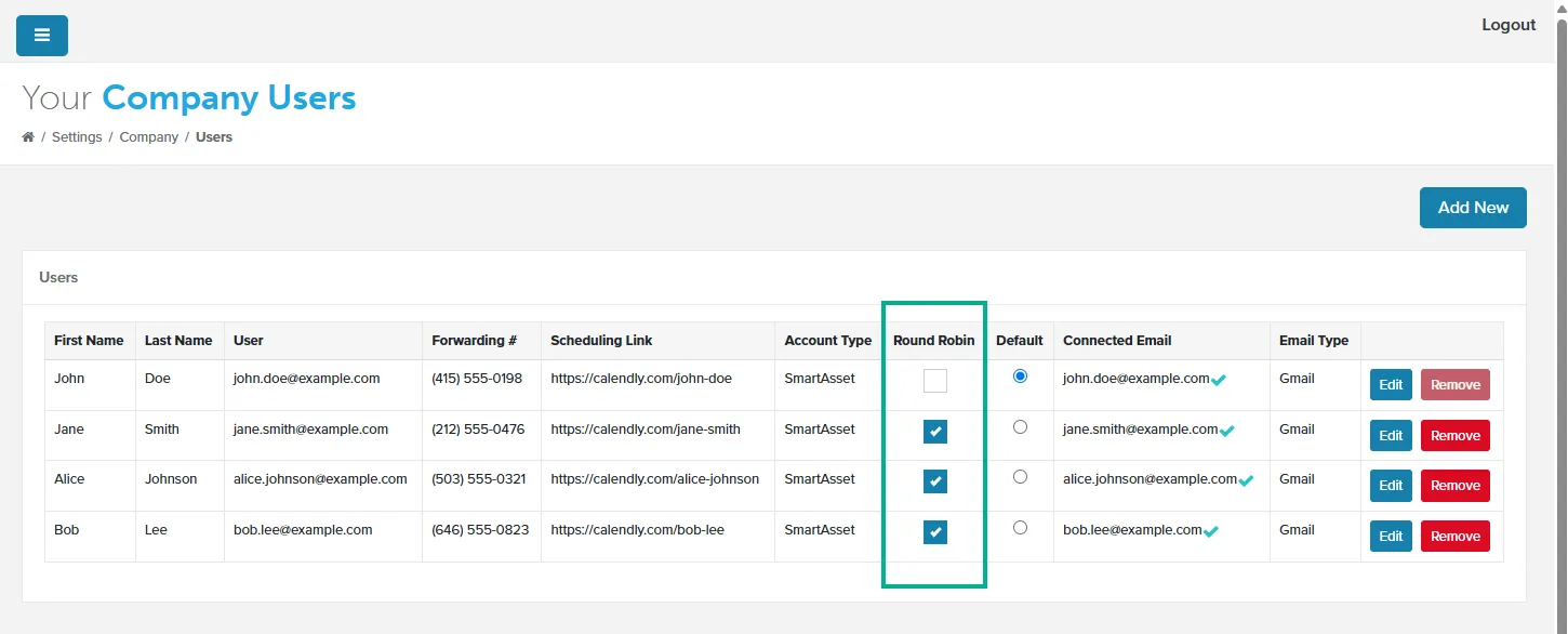 Company Users page with the Round Robin box checked for three of four users