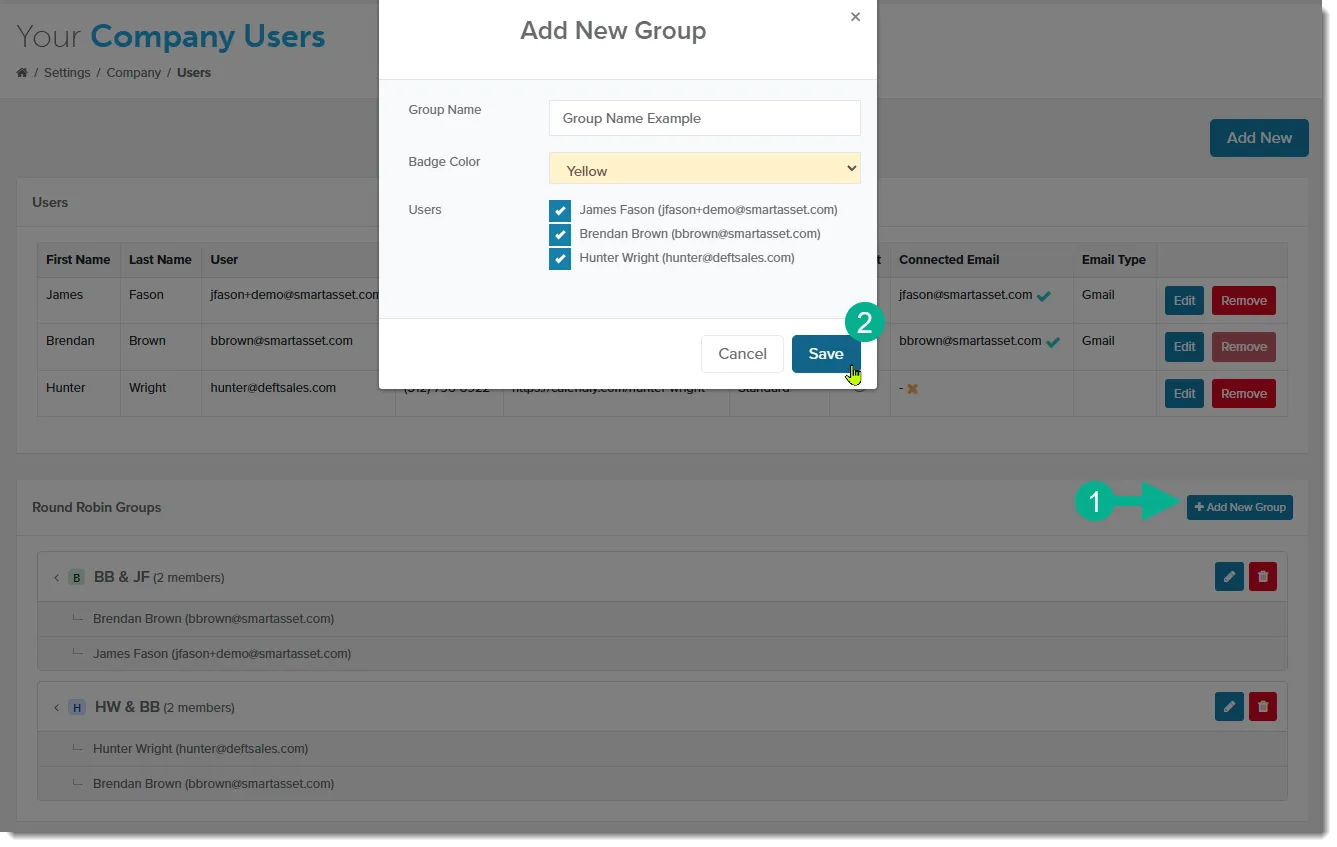 Add New Group window with Group Name, Badge Color and Users fields above the Round Robin Groups panel